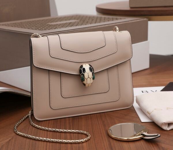 Bulgari Fetal Cow Classic Small Square Bag Hardware Upgraded Version Malachite Snake Head Milk Tea Color👵